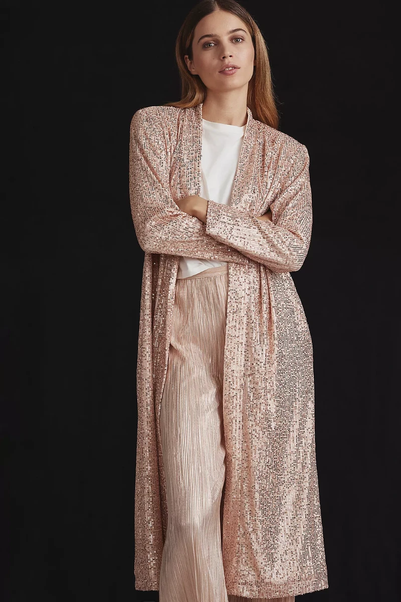 ANTHROPOLOGIE MARE SEQUIN MIDI DUSTER CARDIGAN JACKET COAT ROSE