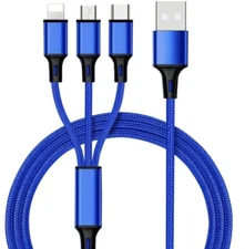 3 in 1 Multi USB Phone fast Charging and Data Cable for iPhone & Android Blue