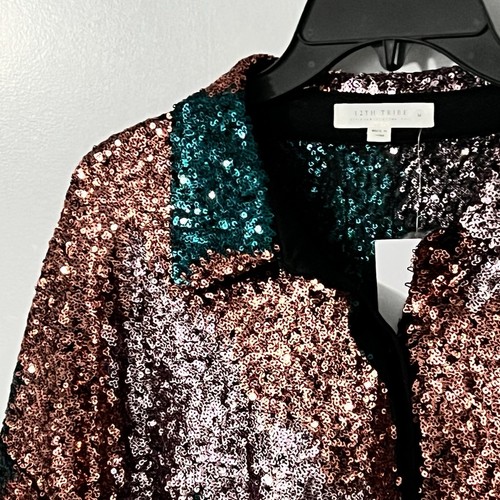 12th Tribe Genevieve Emerald Sequin Button-Up Size Medium NEW As Seen On TikTok - Picture 3 of 9