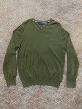 Tommy Hilfiger Mens Large Olive Green V Neck Sweater 100 Cotton Logo