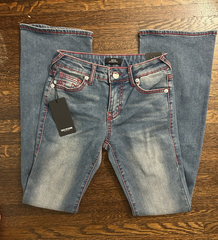 True Religion Women's Mid Rise Bootcut Jeans Medium Blue Denim Red Stitching 25”