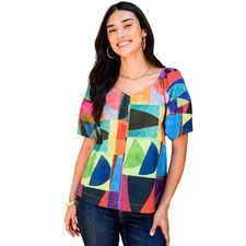 Ivy Jane Womens Mod Squad Colorful Patchwork Cotton Top Size L Artsy Statement