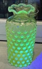 Vintage Fenton Opalescent Topaz Hobnail Vaseline Uranium Glass Vase Ruffled Edge