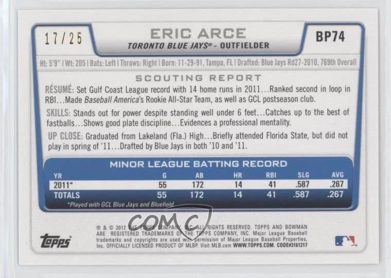 2012 Bowman Prospects Red Ice /25 Eric Arce #BP74 - Image 2 of 2