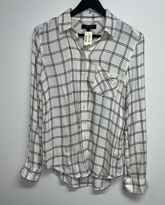 Aeropostale Button Up Shirt Womens SZ M White Blue Windowpane Plaid Long Sleeve