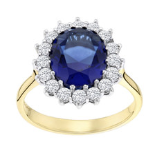 9ct Yellow Gold on Silver Simulated SAPPHIRE & CZ Diana Cluster Ring size J - V