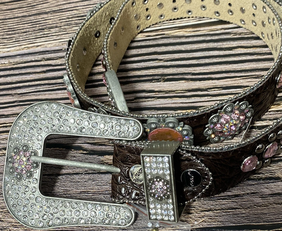 Cinturón de cuero marrón brillante bloque cristal estrás rosa occidental para mujer M Foto 2 de 4