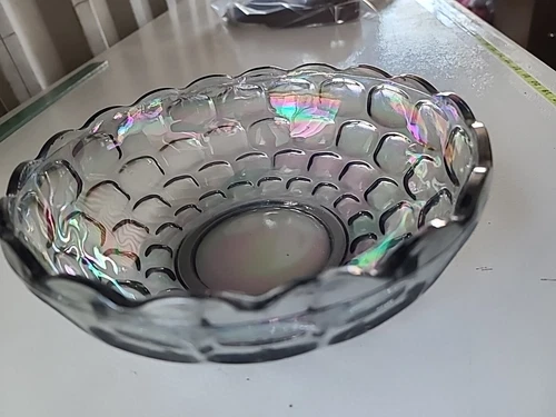 Vintage 9" Federal Carnival Glass Iridescent Thumbprint Bowl  Smoke Color