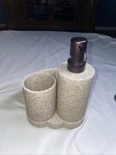 3 PC BATH ACCESSORY SET - Toothbrush Holder, Soap Pump  Cup, Stone-Like Look