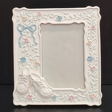 Vintage 1990 Ceramic Picture Frame Baby Booties Pink Blue Flowers 3"x4.25" Photo