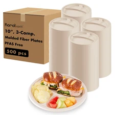 Karat Earth 3-Comp. 10'' Paper Round Plates, PFAS Free, Molded Fiber - 500 pcs
