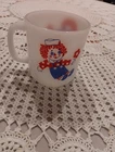 Vintage Milk Glass Raggedy Ann & Raggedy Andy Coffee Mug Red White & Blue 8oz.
