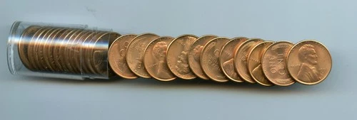 *1950-S 1/2 roll of Lincoln Cents, Choice Uncirculated Full Red in vintage tube*