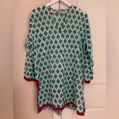Roberta Roller Rabbit Tunic Cover Up Dress Blouse, Teal and Hot Pink, Size Large