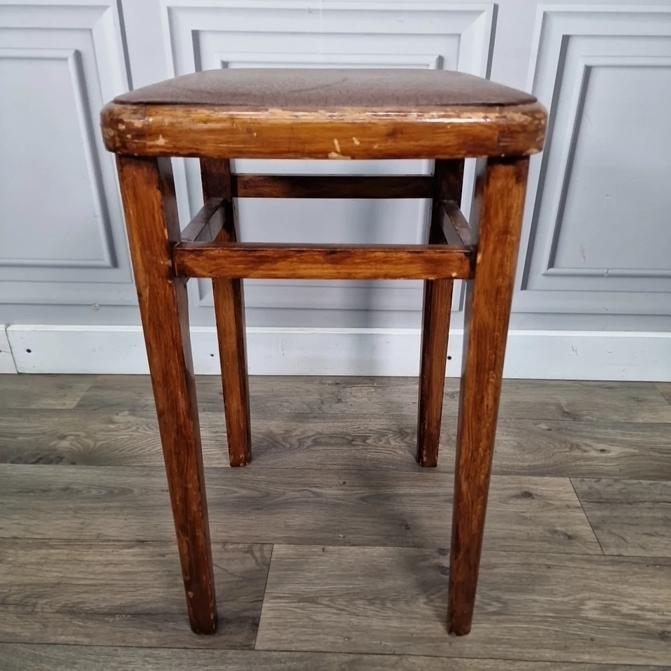 Single Vintage Retro Solid Wooden Mid Century Modern Vinyl Kitchen Stool Seat - Image 2 of 4