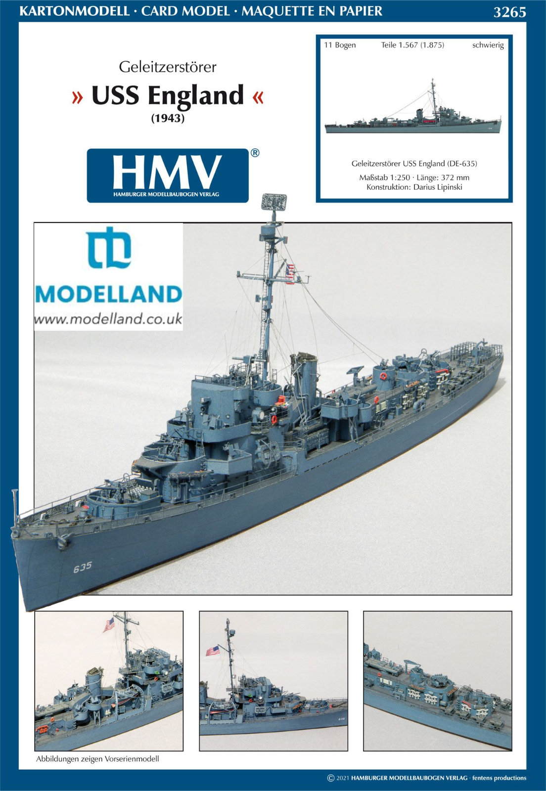 USS England Destroyer Escort Card Paper Cut Out Model Kit HMV 3265 Scale 1:250