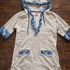Tory Burch Hoodie Tunic Dress Womens Small Oatmeal Blue Ruffle Trim Short Sleeve