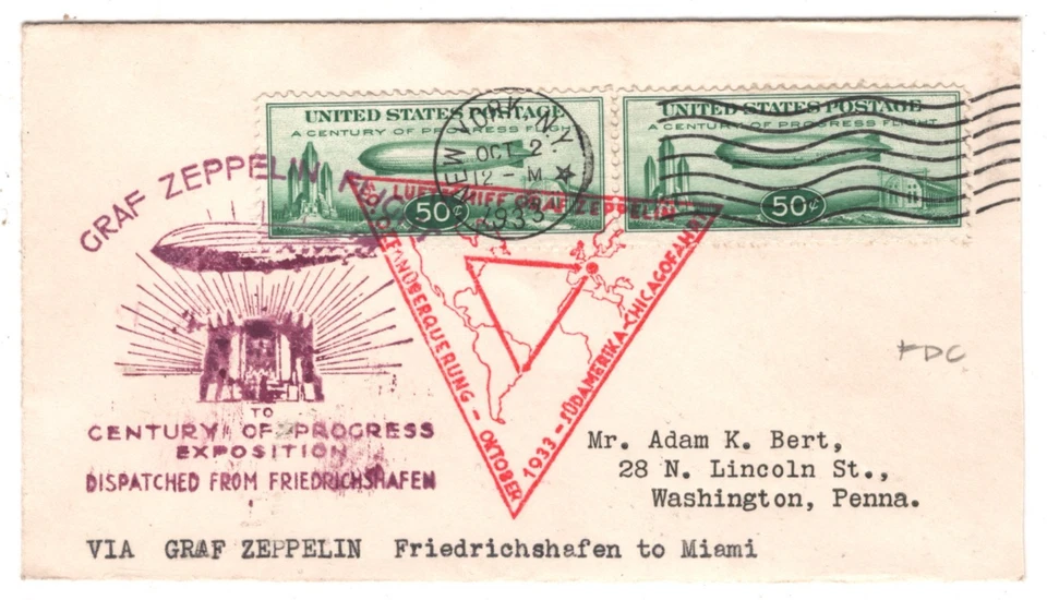 USA ZEPPELIN 50c Pai1r 1933 FDC #C18 First Day Cover CENTURY PROGRESS Expo KZ261 - Image 2 of 4