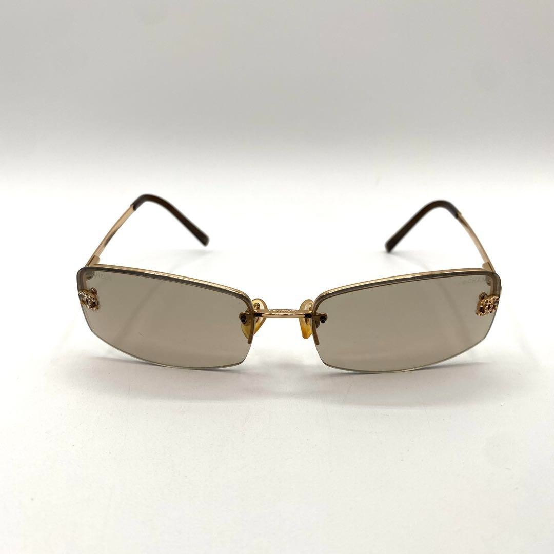 Chanel 4093-B Rimless Sunglasses Gold Frame Brown Lens Crystal