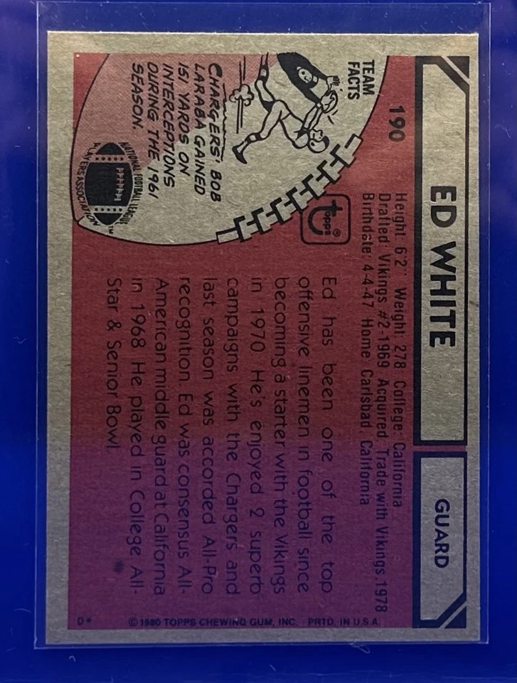 1980 Topps #190 AFC All Pro Ed White San Diego Chargers - Image 2 of 2