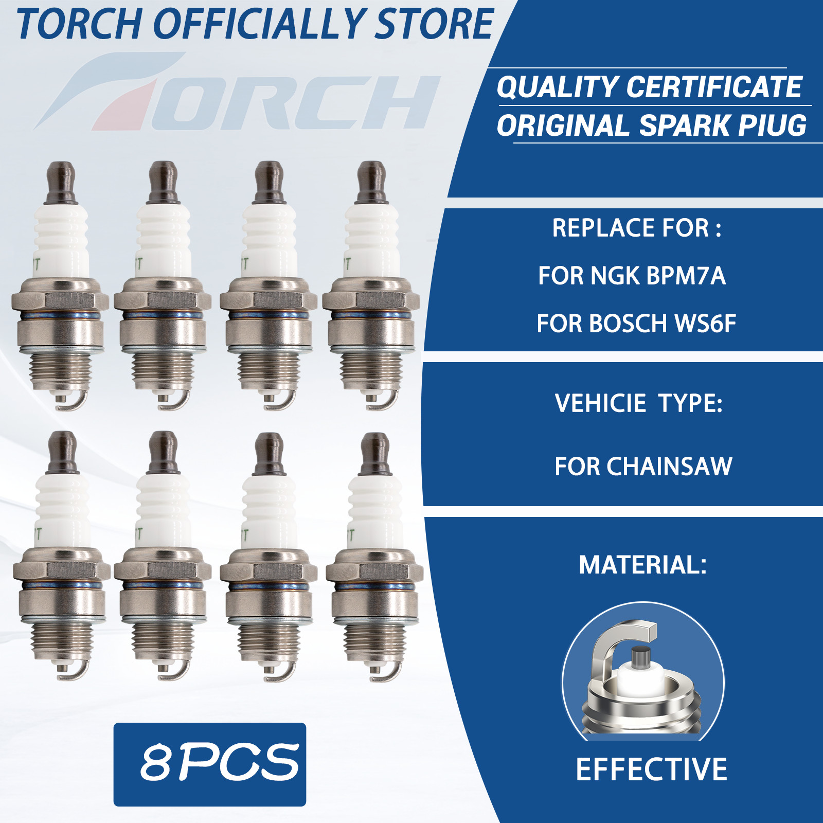 8PK TORCH Spark Plug Replace for NGK BPM7A for Bosch WS6F Denso W22MP-U