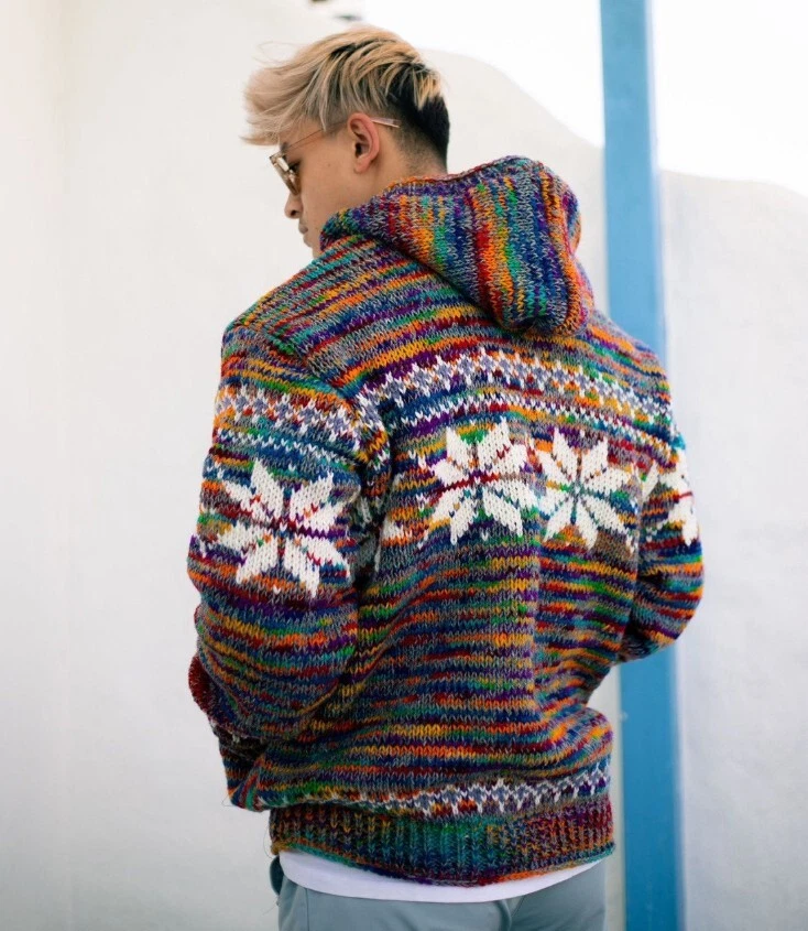 Warm Hippie Jacket Double Knitted Thick Wool Fleece Lined Hoodie Coat Nepali - Image 2 of 4