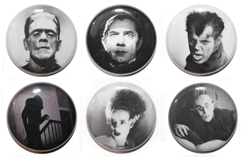 1" (25mm) Classic Horror Button Badge Pin Set - Dracula, Frankenstein, Wolfman