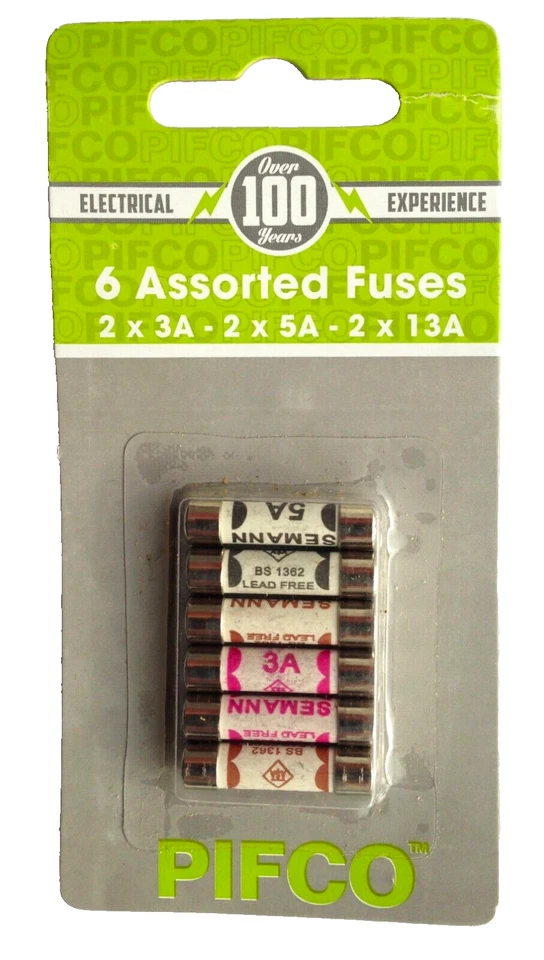 PIFCO FUSE SET Cartridge Fuses 6 Mixed 3 amp 5 amp 13amp Mains Household Wiring