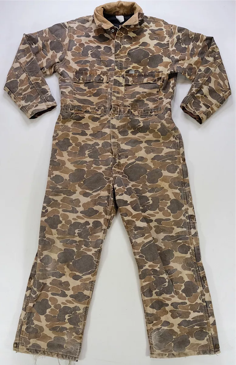 Rare Vintage CARHARTT Duck Camo Camouflage Denim Overalls Jumpsuit 80s 90s  Brown