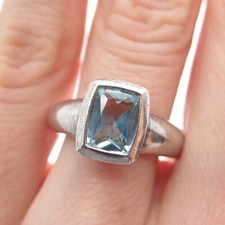 925 Sterling Silver Vintage Real Blue Topaz Oxidized Ring Size 6