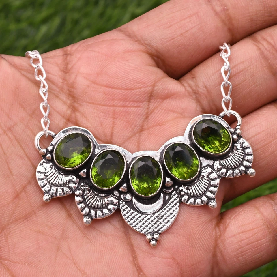Green Peridot Gemstone 925 Sterling Silver Handmade Jewelry Necklace 18" - Image 4 of 4