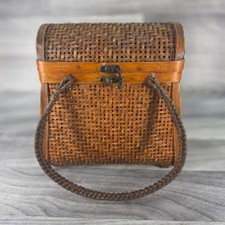 Vintage 90s Woven Bamboo Wicker Box Purse Double Handles Brass Latch Feet