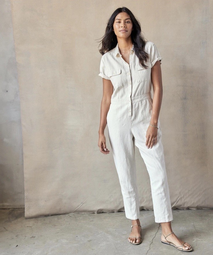 Outerknown S.E.A. Sea Jumpsuit Organic Cotton Linen Natural Womens Sz Large L