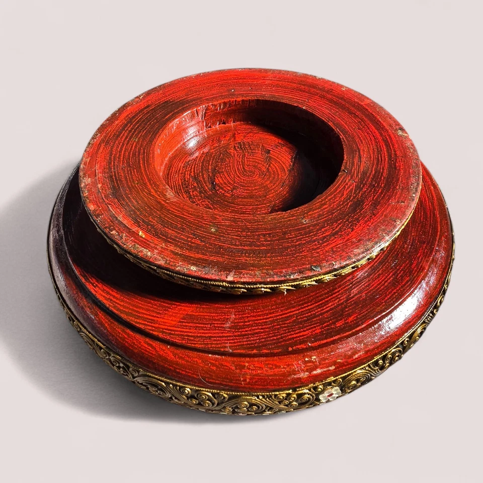 Pedestal de madera tailandés grande hecho a mano con incrustación de espejo dorado 40 cm 2600 g Foto 4 de 4