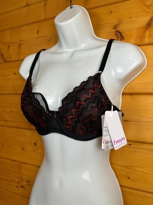 AUSVERKAUF Freya Damen Festival Vibe Bügel Plunge BH 32D Schwarz Rot Spitze Neu