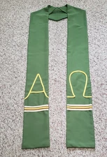 CLERGY PASTOR OFFICIANT STOLE HAND CRAFTED OLIVE GREEN W/ALPHA OMEGA SYMBOLS