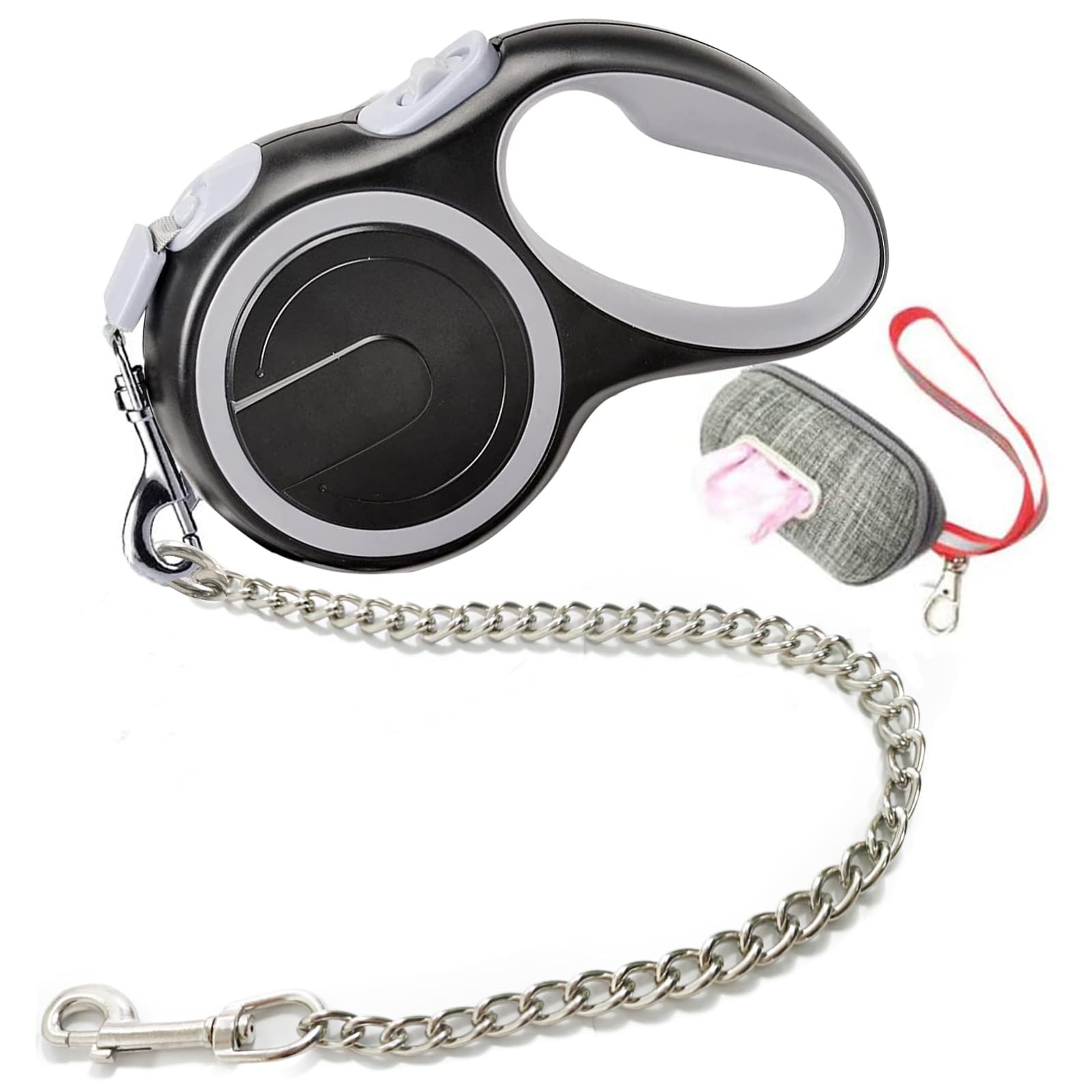 Laisse rétractable anti-mastication en nylon noir avec chaîne en acier pour chien agité L