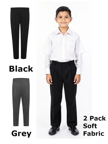 2 pck Boys Black Grey Pull up Trouser Pull on School Uniform Pants Elastic waist