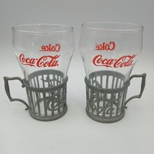Vintage "Set of 2" 1985 Coca Cola Coke Glasses with Pewter Holders Hong Kong
