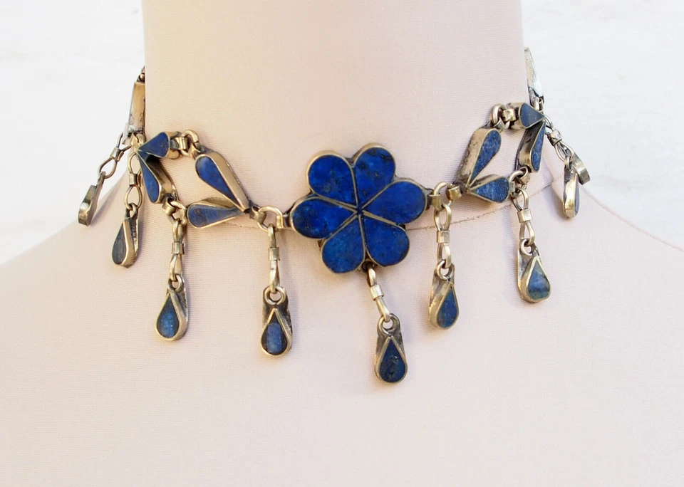 Orient nomad Nickel Silver Afghan tribal Jewellery Lapis Kette Necklace choker K - Bild 3 von 4