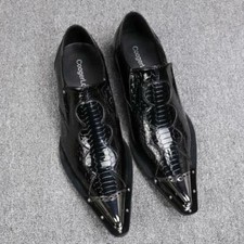 Men Fashion Metal Slip-on Hidden Wedge Pointy Toe Embossing Leather Derby Shoes