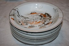 KUTANI CHINA  HAND PAINTED GOLD "COUNTRYSIDE"? JAPAN (8) BERRY BOWLS 5.5" #2