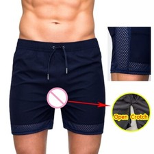 Men Open Crotch Shorts Gay Sport Double Seamless Zipper Couple Sweatpants Pants