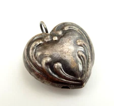 LARGE Vintage Repousse Nouveau Puffy Heart Rattle Bell Sterling Silver Pendant