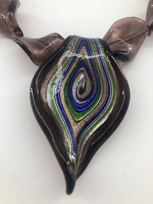 Lamp Work Murano Art Glass Pendant Necklace Metallic Purple Blue Green Gold