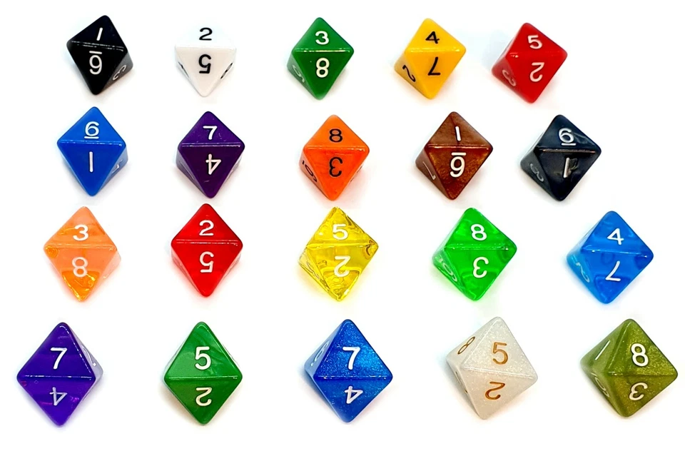 8-Seitige Würfel mit Zahlen v. 1-8 im Farbmix oder Einzeln Transparent oder Bunt