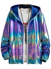 Women's Metallic Gradient Hooded Jacket Holographic Party Shiny Zip-Up Coat Tops