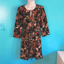 Suncoo Paris Womens Shift Dress Euro Size 1  US S Black Floral Stretch with Tie