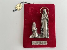 Lourdes Metal & Red Velvet Religious Prayer Plaque Hand Carved Retro Virgin Mary