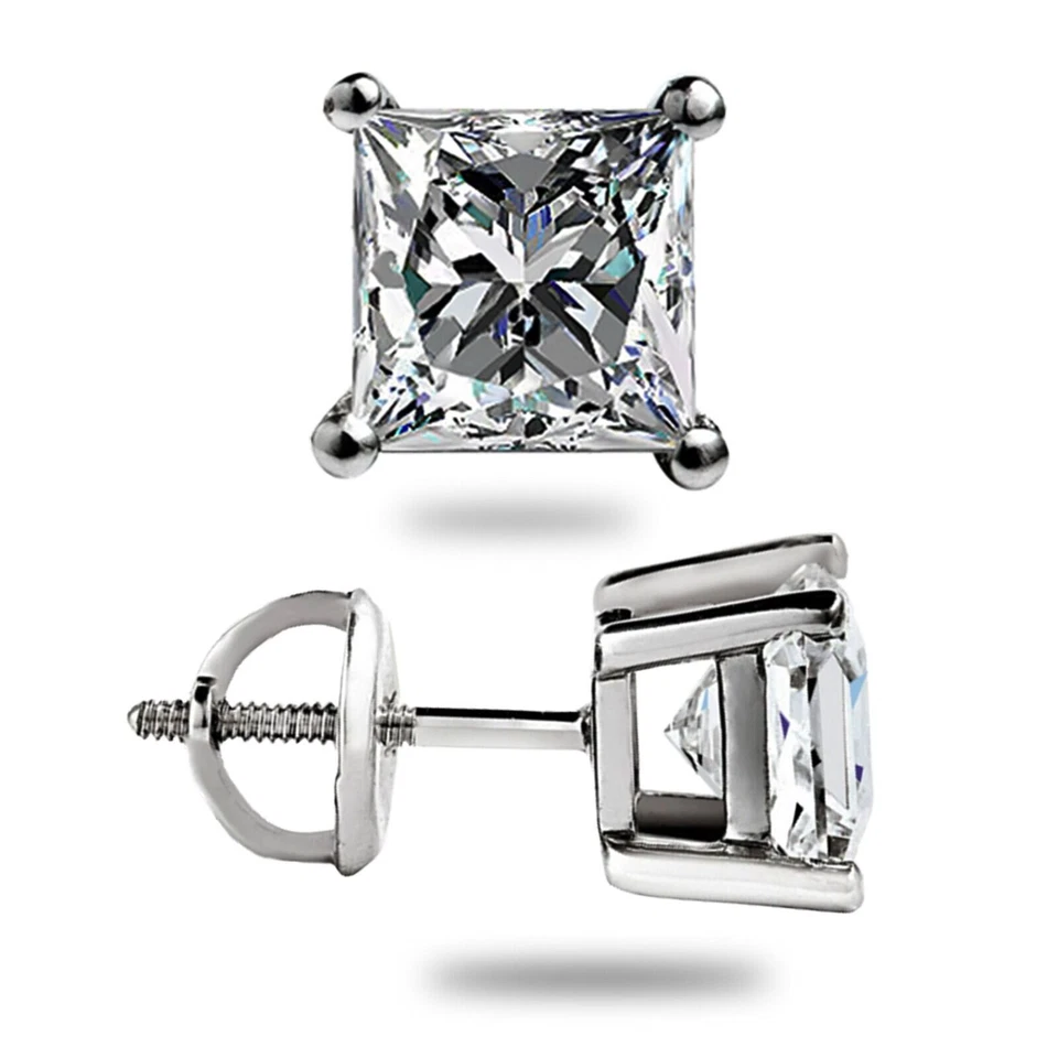 Brincos de diamante cultivados em laboratório corte princesa 2 quilates ouro branco 14K parafuso traseiro novo - Imagem 2 de 4